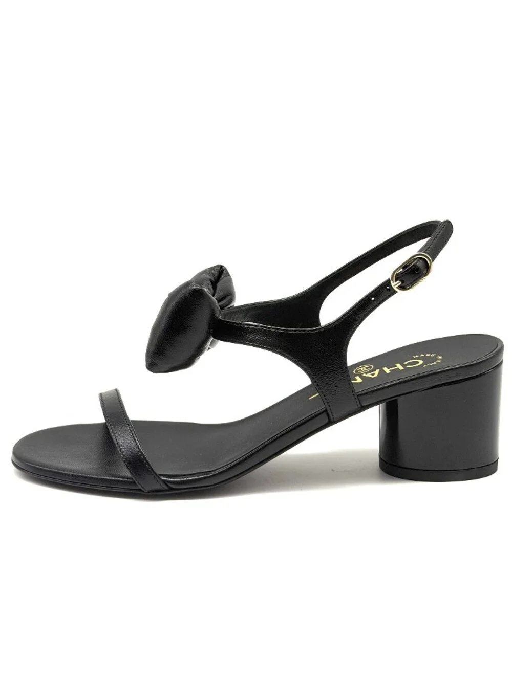 CHANEL 25P Lambskin Leather CC Bow Ankle Strap Sandals Block Heels Shoes - Picture 3 of 16